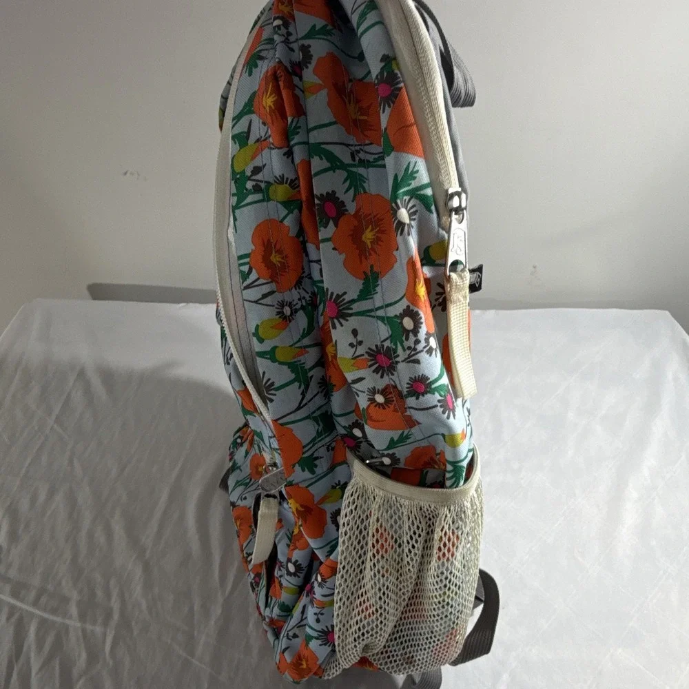 JanSport Floral Backpack Gray/Orange Bottle Pocket Zip Adjustable Straps